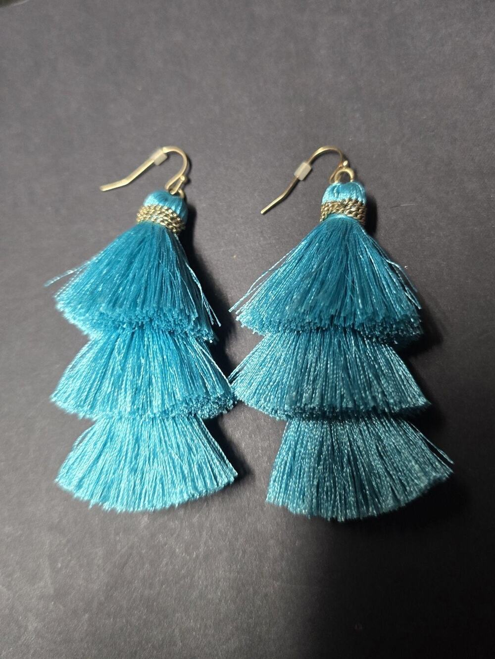 Blue Tassel Dangle Drop Earrings Womens French Wire Boho Tiered Jewelry Fashion